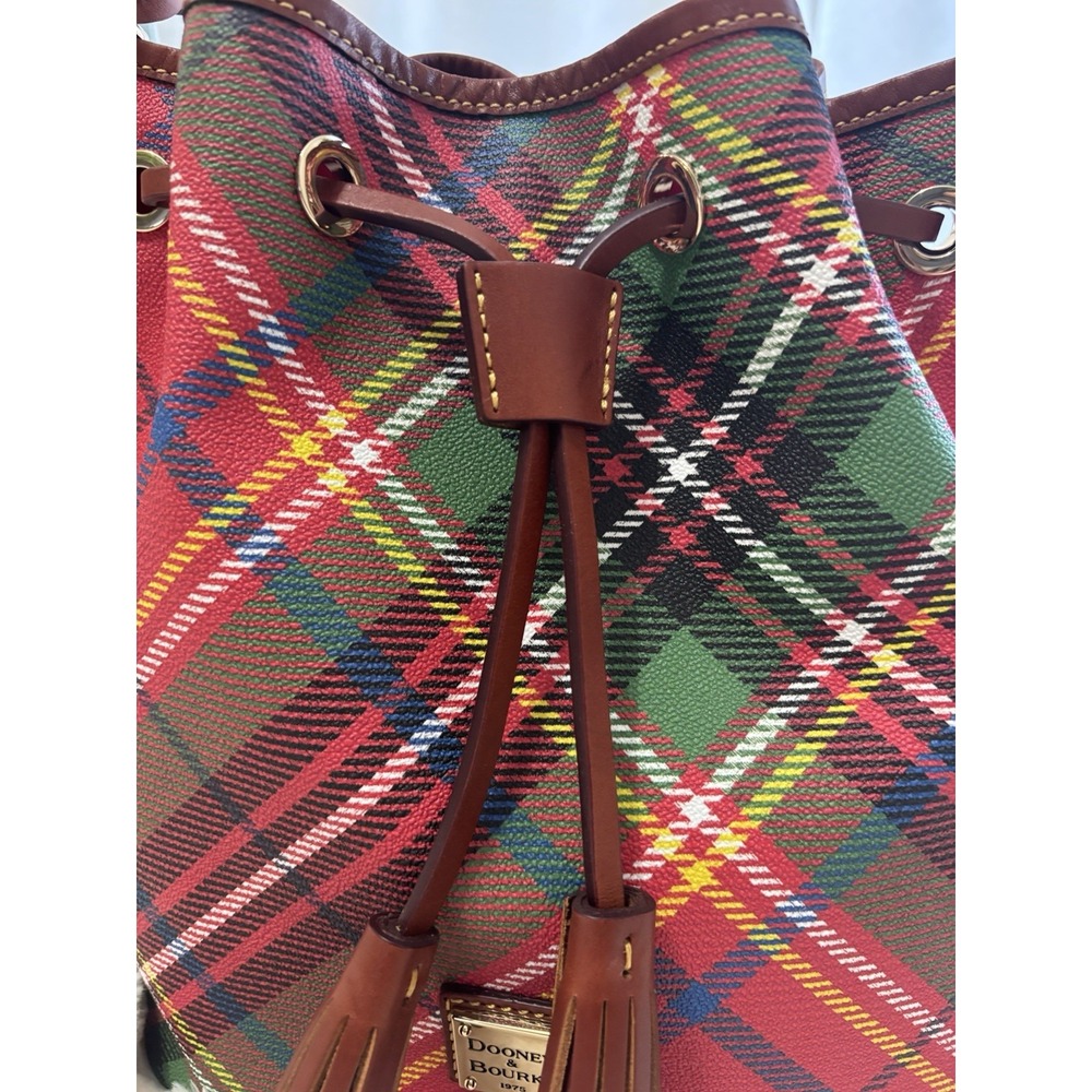 Dooney & Bourke Plaid Bucket Drawstring Shoulder Bag Red Green Tassel Logo - Picture 3 of 16